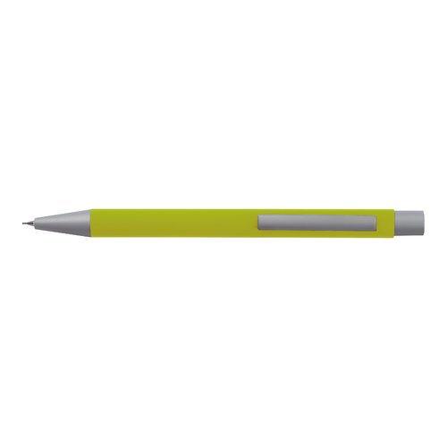 Appelgroene schrijfset van kunststof met balpen en etui.