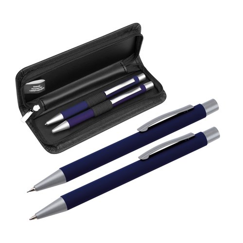 Donkerblauwe schrijfset met balpen, rollerballpen en etui met ritssluiting.