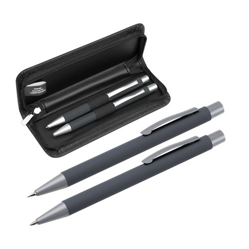 Antracietkleurige schrijfset met balpen, potlood en etui met ritssluiting.