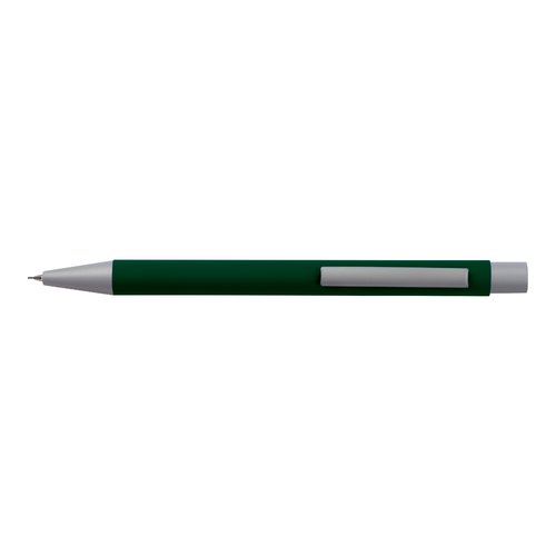 Donkergroene schrijfset met balpen en etui.