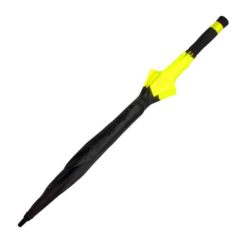 Zwarte stoffen paraplu met grote diameter en handmatig openingsmechanisme.