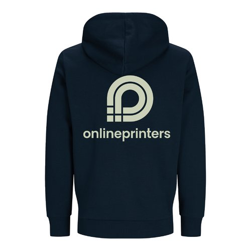 Marineblauw unisex sweatshirtjack van biologisch katoen en gerecycled polyester met capuchon.