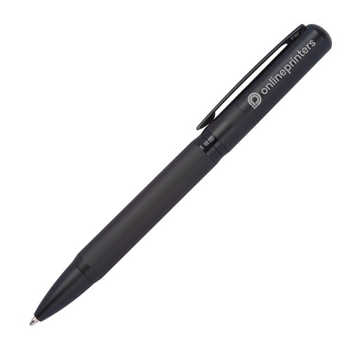 Zwarte schrijfset met balpen en etui.