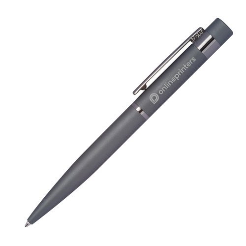 Antracietkleurige metalen schrijfset bestaande uit balpen en etui.