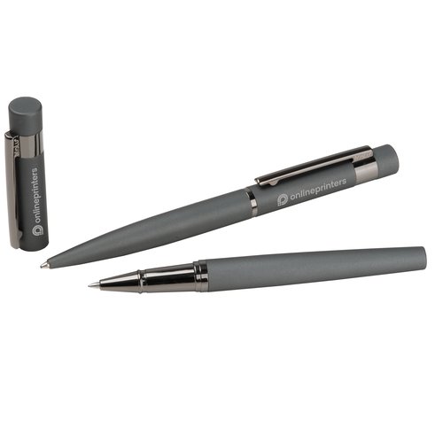 Antracietkleurige schrijfset met balpen en rollerball.
