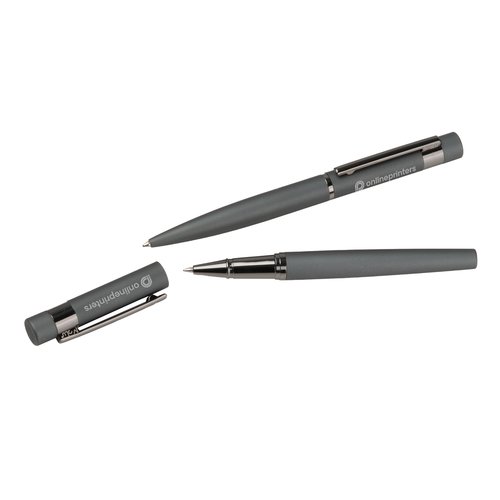 Antracietkleurige schrijfset met balpen en rollerball.