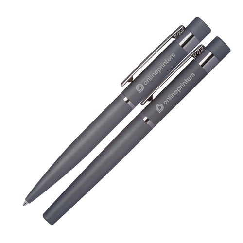 Antracietkleurige schrijfset met balpen en etui.