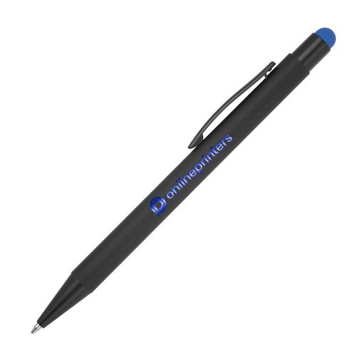 Blauwe metalen balpen met touchfunctie, clip en drukmechanisme.