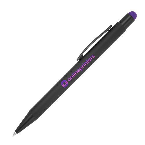 Paarse metalen balpen met touchscreenfunctie en clip.
