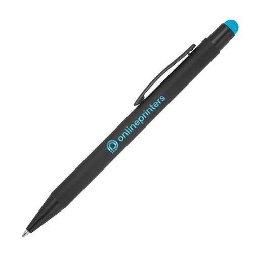 Turquoise metalen balpen met touchfunctie en clip.