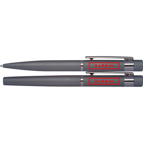 Grijze schrijfset met balpen en pen, inclusief clip.