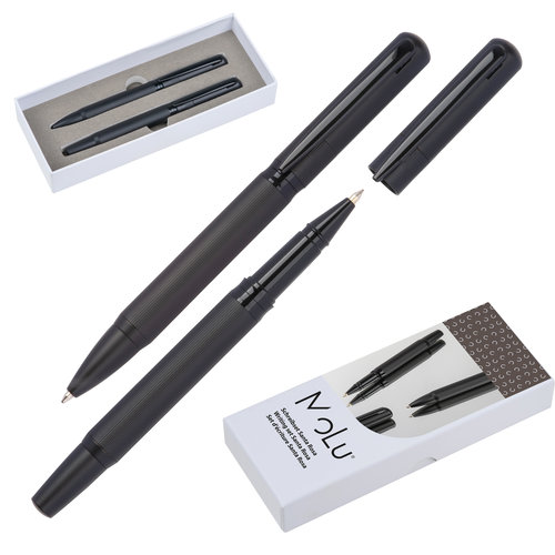 Zwarte metalen schrijfset met een balpen en een rollerballpen.