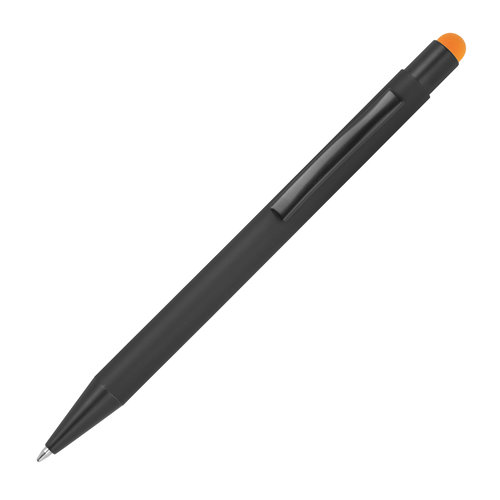 Oranje metalen balpen met touchfunctie en clip.