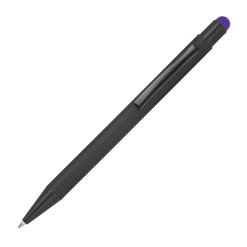 Paarse metalen balpen met touchscreenfunctie en clip.