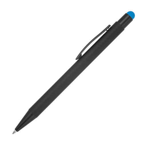 Lichtblauwe metalen balpen met touchscreenfunctie en clip.