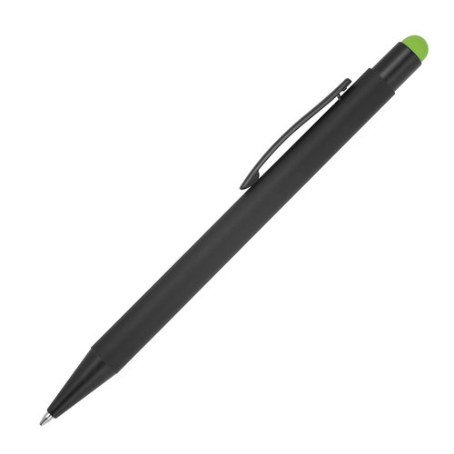 Appelgroene metalen balpen met touchfunctie en clip.
