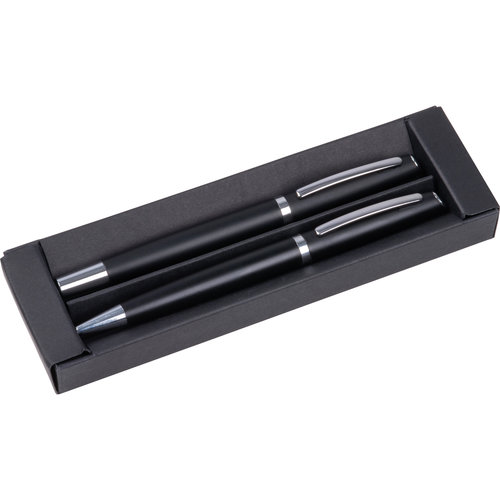 Zwarte schrijfset van gerecycled aluminium met balpen en pen.