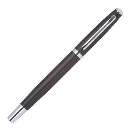 Zwarte schrijfset van gerecycled aluminium met balpen en etui.