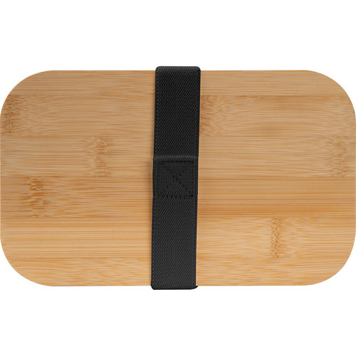 Zwarte lunchbox met bamboe deksel en sluitband.