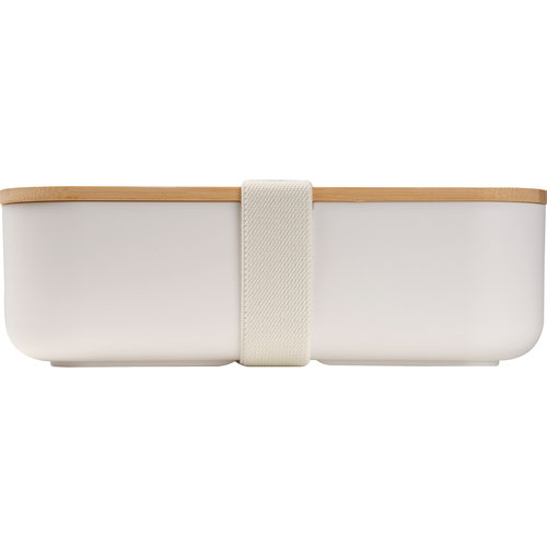 Witte lunchbox met bamboe deksel en sluitband.