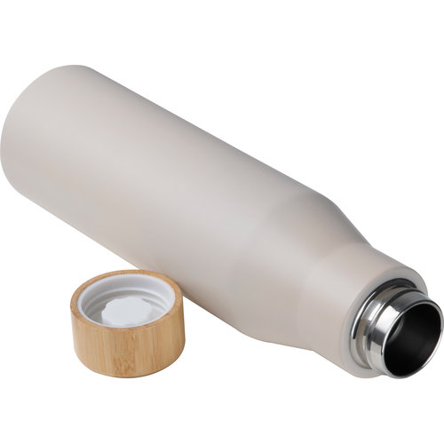 Beige lunchbox met roestvrijstalen fles en bamboe deksel.