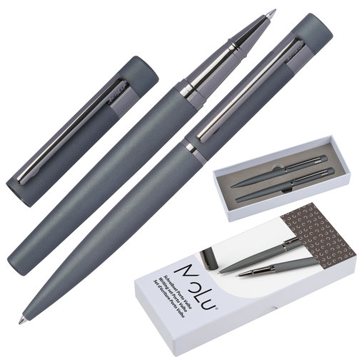 Grijze metalen schrijfset met balpen en rollerballpen.