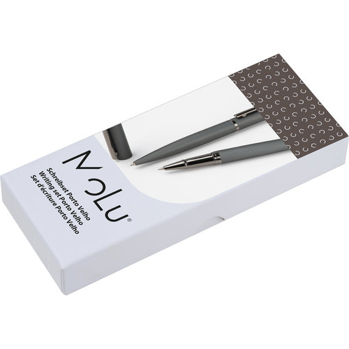 Antracietkleurige schrijfset met balpen en rollerball in een geschenkverpakking.