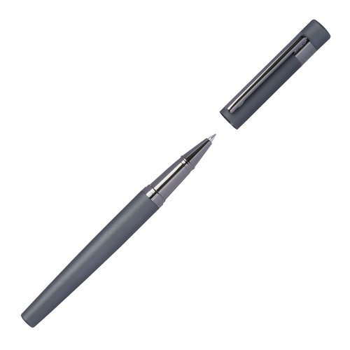 Antracietkleurige schrijfset met balpen en etui.