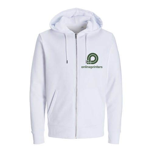 Wit sweatshirt met capuchon, gemaakt van biologisch katoen en gerecycled polyester, met volledige ritssluiting.