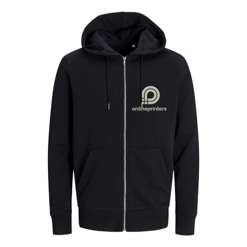 Zwart stoffen sweatshirt met capuchon en volledige ritssluiting, unisex snit.