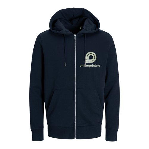 Marineblauw hooded sweatshirt jack van biologisch katoen en gerecycled polyester met volledige ritssluiting.