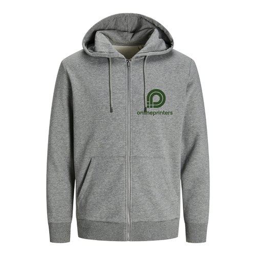 Grijs gemleerd sweatshirtjack van biologisch katoen en gerecycled polyester met capuchon en volledige ritssluiting.