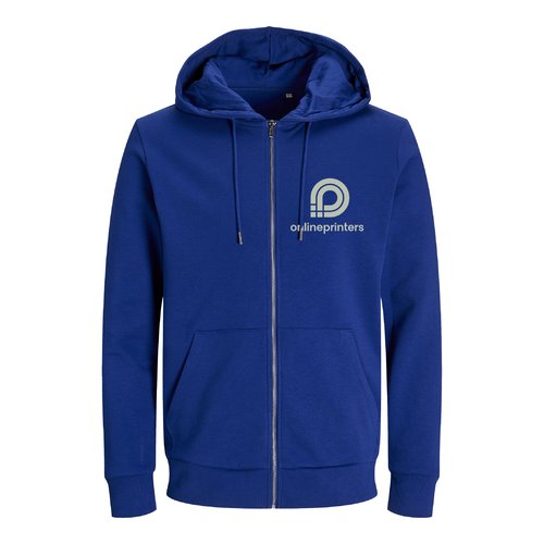 Donkerblauw sweatshirtjack van katoenmix met capuchon en volledige ritssluiting.
