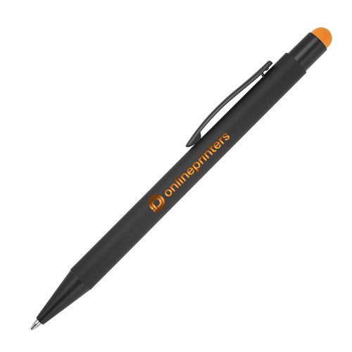 Oranje metalen balpen met touchfunctie en clip.