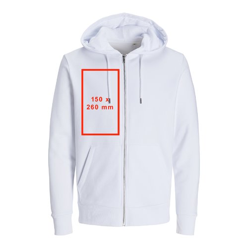 Wit sweatshirt jack met capuchon, volledige ritssluiting en kangoeroezakken.