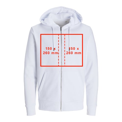Wit stoffen sweatjack met capuchon, ritssluiting en unisex snit.