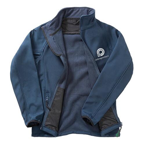 Marineblauwe polyester softshell jas voor heren met volledige ritssluiting en zijzakken.