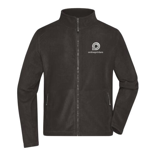 Donkergrijs polyester fleece jack met volledige ritssluiting.