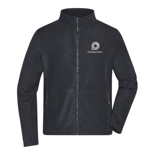 Marineblauwe polyester fleece jack met volledige ritssluiting.