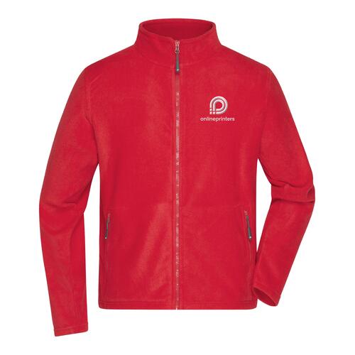 Rood polyester fleece jack voor heren met volledige ritssluiting.