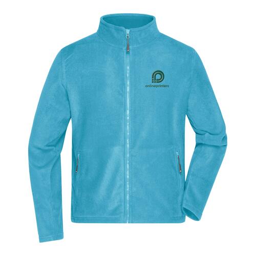 Turquoise fleecejack van polyester met volledige ritssluiting.