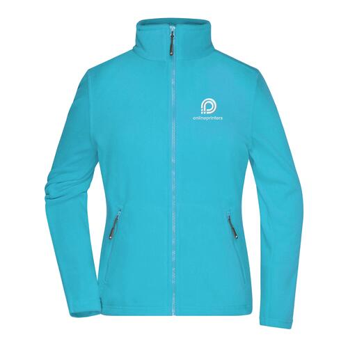 Turquoise polyester fleece jack met volledige ritssluiting en zakken.