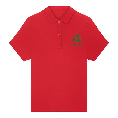 Rood damespoloshirt van biologisch katoen met korte knoopsluiting.