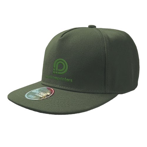 Groene stoffen snapback cap met platte klep en verstelbare sluiting.