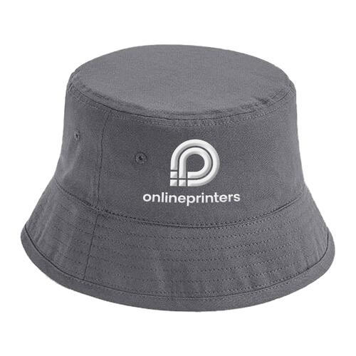 Donkergrijze katoenen bucket hat met rondomlopende rand.
