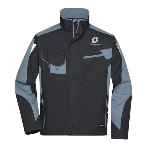 Unisex werkjas van duurzaam materiaal met ritssluiting en meerdere zakken.