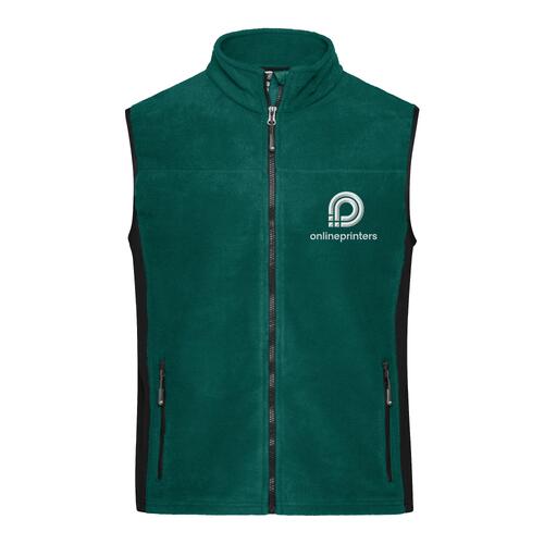 Donkergroen polyester fleece vest met volledige ritssluiting en zijzakken.