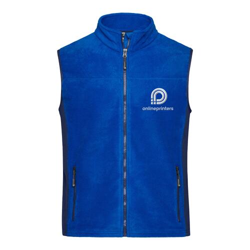 Blauw polyester fleece vest met volledige ritssluiting en zakken aan de zijkant.
