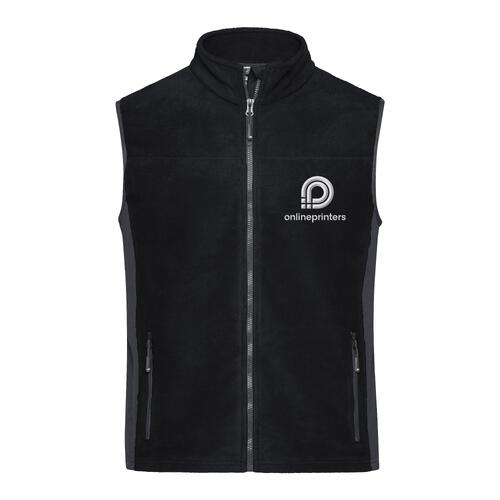 Zwart-grijs polyester fleece vest met volledige ritssluiting.