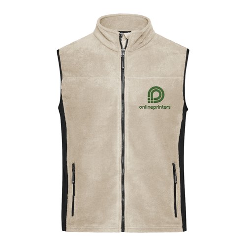 Beige fleece vest met volledige ritssluiting en zakken aan de zijkant.
